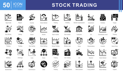 Stock Trading icon collection set. Containing exchange, stock market, shareholder, investor, broker, stock trader, capital icon. Simple vector illustration.