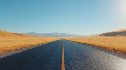 Straight Asphalt Road Under Clear Blue Sky with Golden Grasslands on Either Side
