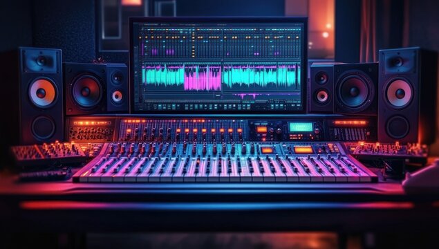 Advanced Music Production Studio with Mixing Console and Audio Equipment - Powered by Adobe