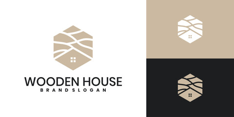 Wooden house logo design with unique hexagon shape concept