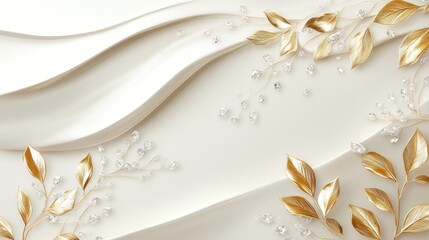 Gold leaves, crystals, waves, white backdrop, elegant design