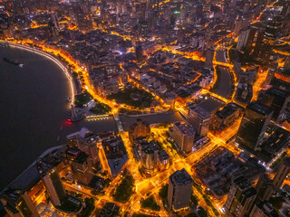 Aerial view of The Bund streetscape at night in Shanghai