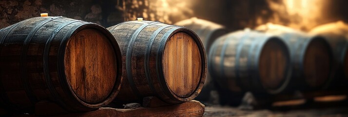 Rustic wooden barrels stacked in a dim cellar aged wood shadows warm light winery winemaking process