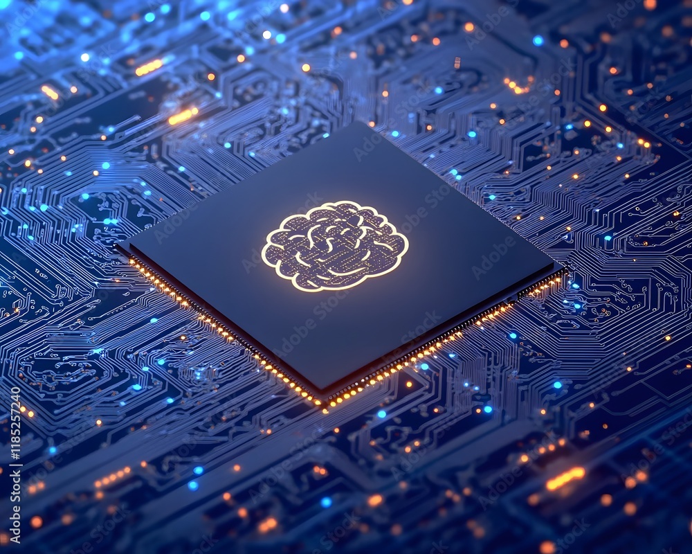 Poster microchip with brain icon on circuit board