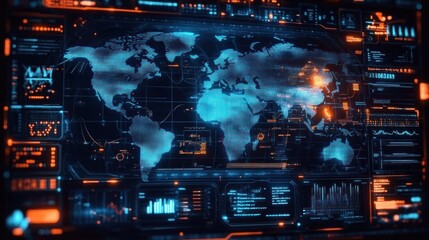 Futuristic Digital World Map Interface with Cyberpunk Aesthetics and Surveillance HUD Elements