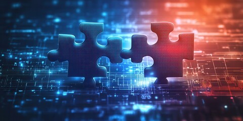 Obraz premium Digital representation of API integration concept with two interlocking puzzle pieces against a futuristic tech-inspired abstract background, symbolizing connectivity and interoperability