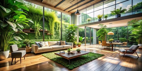 Fototapeta premium Tranquil indoor-outdoor living space captured in architectural photography.