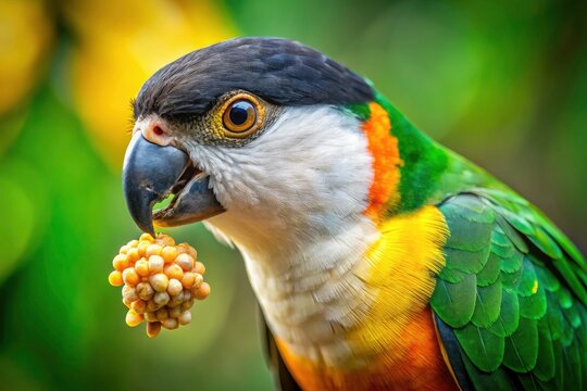 Up close, a black-headed caique parrot joyfully munches seeds.