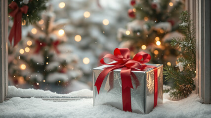 Beautiful silver present in a snow holiday window