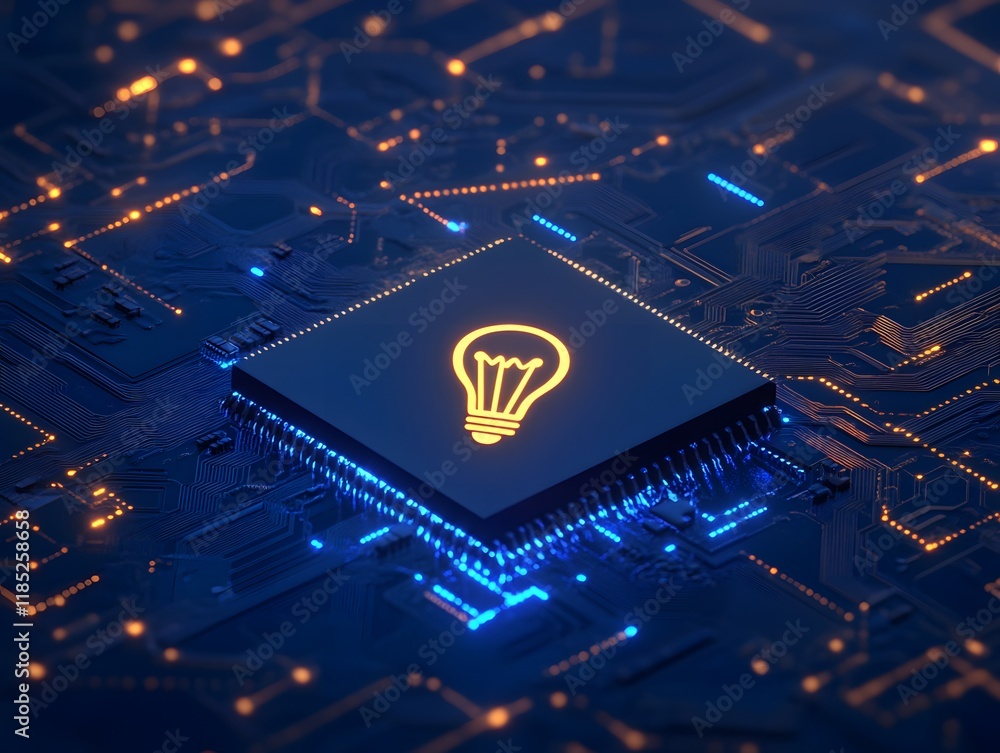 Aufkleber microchip with lightbulb icon on circuit board