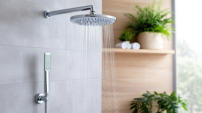 modern water saving showerhead with cascading water in stylish bathroom