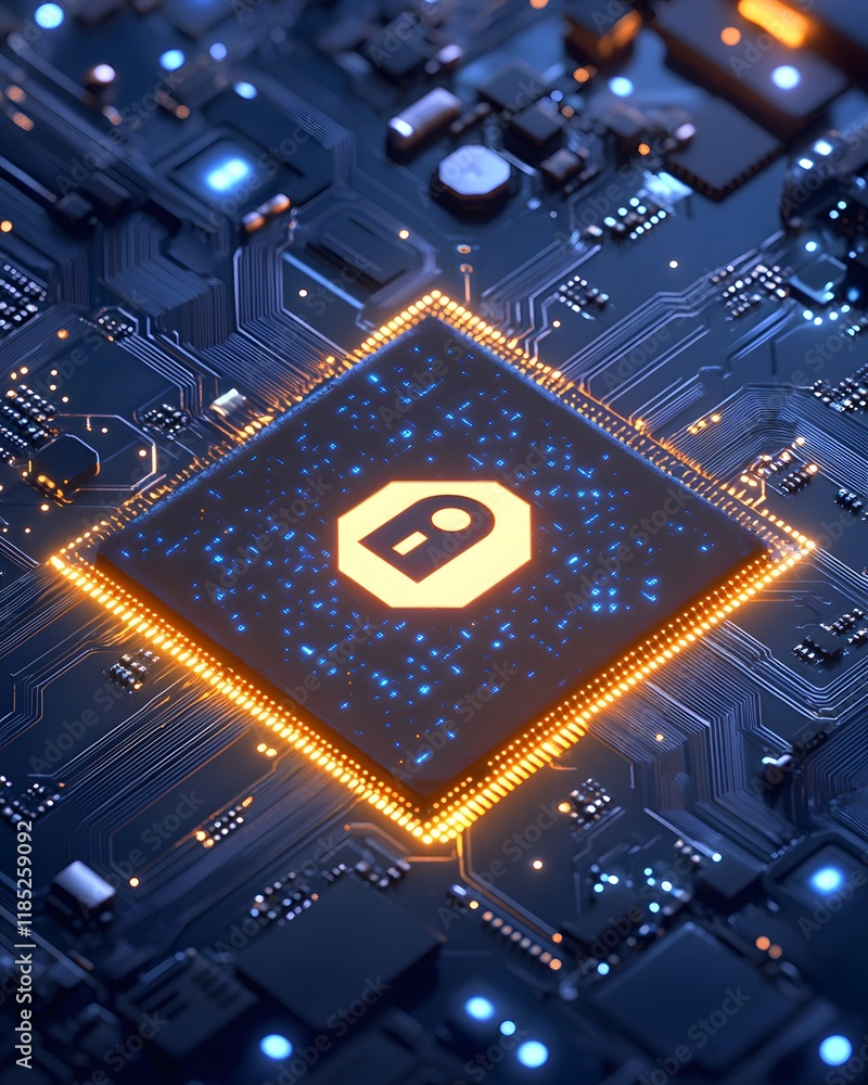 Poster microchip with security symbol on circuit board