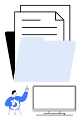 Stacked papers and a blue folder representing digital organization, a person holding a cogwheel next to a computer monitor. Ideal for document management, office systems, efficiency training