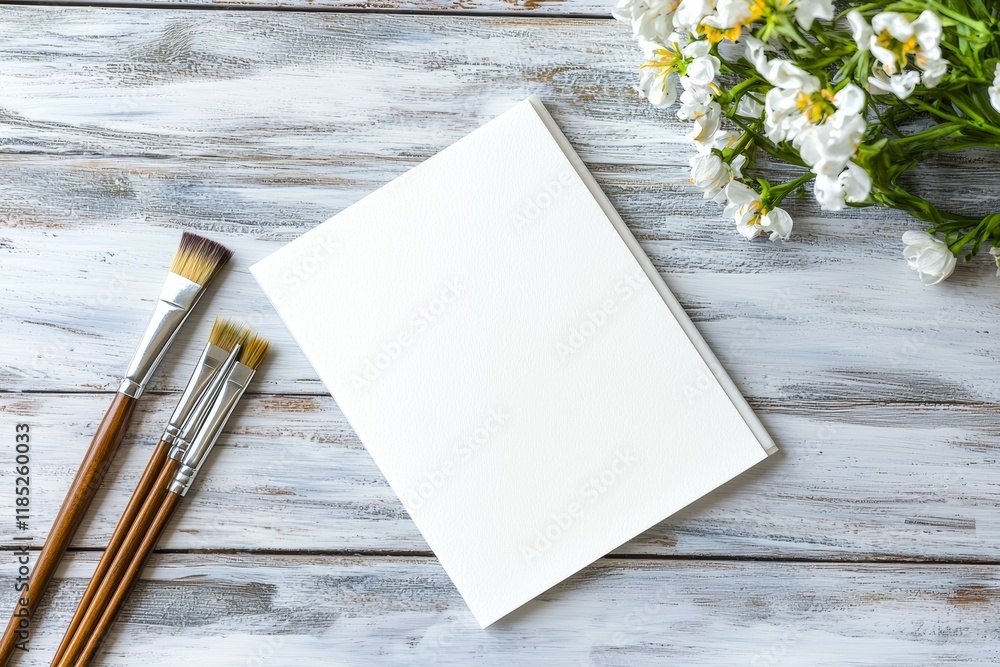 Poster white notebook sits on a wooden table with three paintbrushes next to it