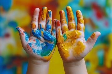 Two hands with blue and yellow paint on them