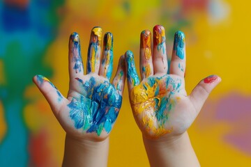 Two hands with colorful paint on them