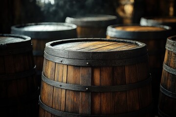 Fototapeta premium Wooden Barrels in Wine Cellar Rustic Craft Beverage Production Antique Aging Process Vintage Storage