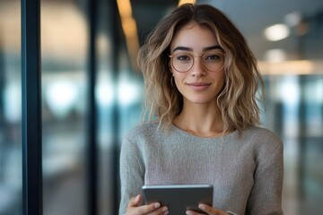 Confident young African American businesswoman in suit using tablet in modern office environment