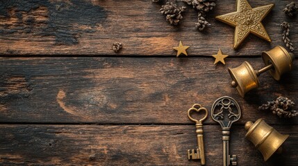 Rustic wooden background with antique keys, bells, and stars.