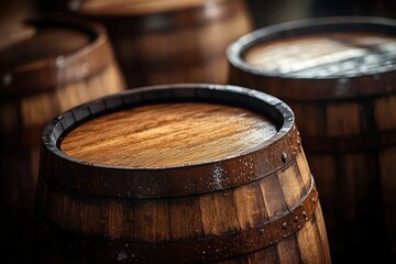 Fototapeta premium Wooden Barrels in Distillery Cellar for Wine Beer Brandy Whiskey Production Aging Craft