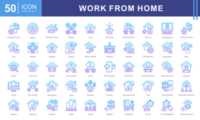 Working from Home icon collection set. Containing remote work, work online, freelancing, home office, digital nomad, portfolio and more. working from home icons collection.