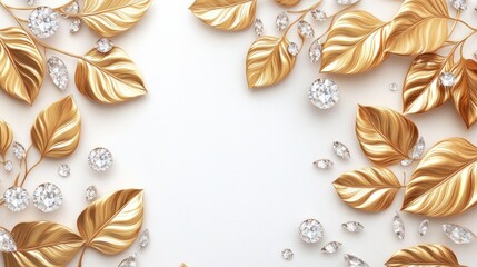 Gold leaves, diamonds, white background, elegant frame, wedding invitation