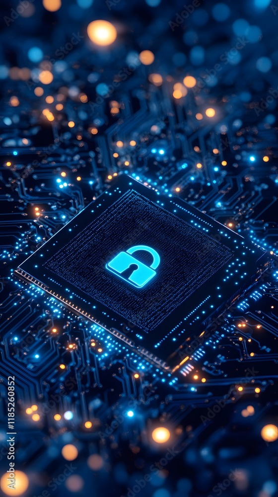 Poster padlock icon on illuminated circuit board processor