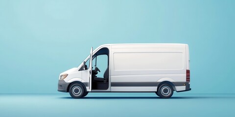 White delivery van parked on a light blue background with an open sliding door showcasing interior space.