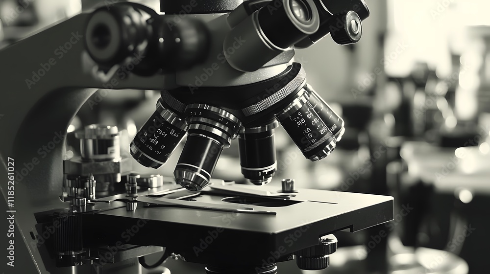 Poster a close up view of a laboratory microscope