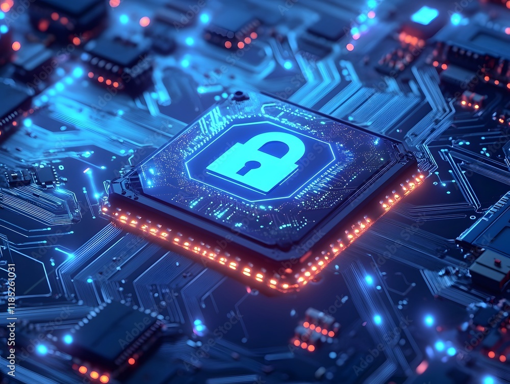 Aufkleber padlock icon on illuminated computer chip circuit board
