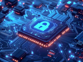 Padlock Icon on Illuminated Computer Chip Circuit Board