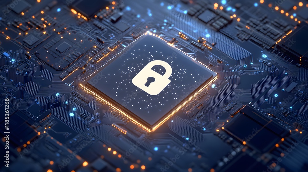 Poster padlock icon on illuminated computer chip