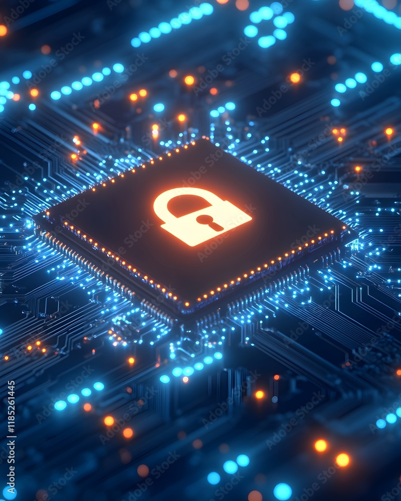 Poster padlock icon on illuminated microchip circuit board