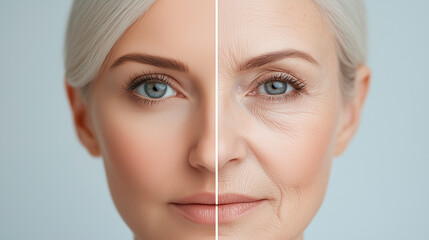 Before and after aging comparison of a woman&rsquo;s face, highlighting skincare, wrinkles, and anti-aging treatment results. Beauty portrait. Close up photo.