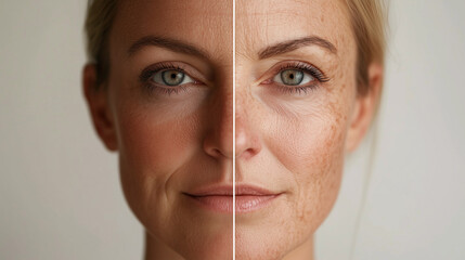 Before and after aging comparison of a woman&rsquo;s face, highlighting skincare, wrinkles, and anti-aging treatment results. Close up photo.