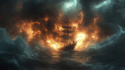 Fototapeta premium Sailing ship engulfed in fiery storm clouds at sea.