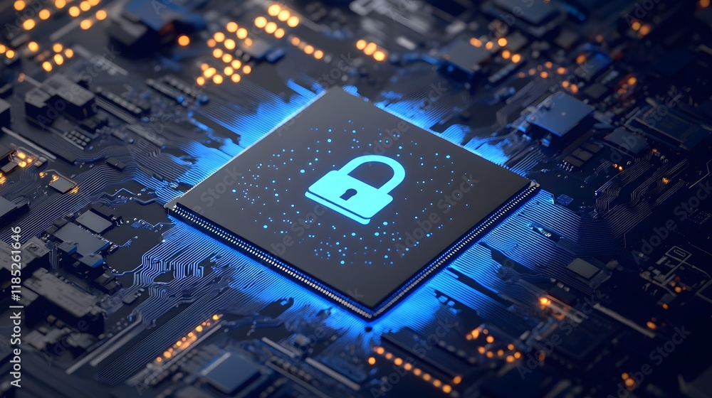 Poster padlock icon on microchip circuit board