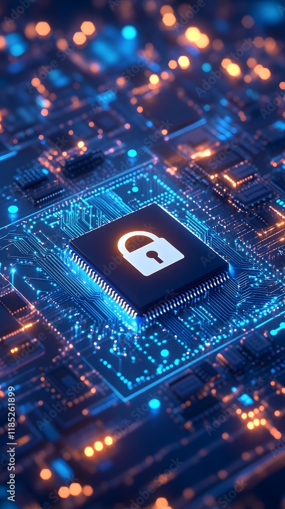 Poster padlock icon on microchip in circuit board