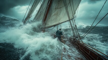 Sailor battling stormy seas aboard classic sailboat.