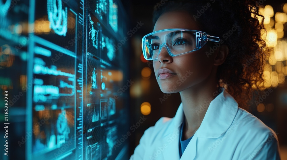 Poster scientist reviewing data on a futuristic interactive screen.