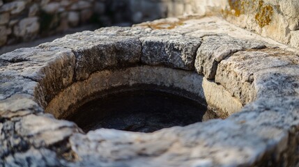 Fototapeta premium Close-up of an old stone underground water well. Very old round stone well in top view.