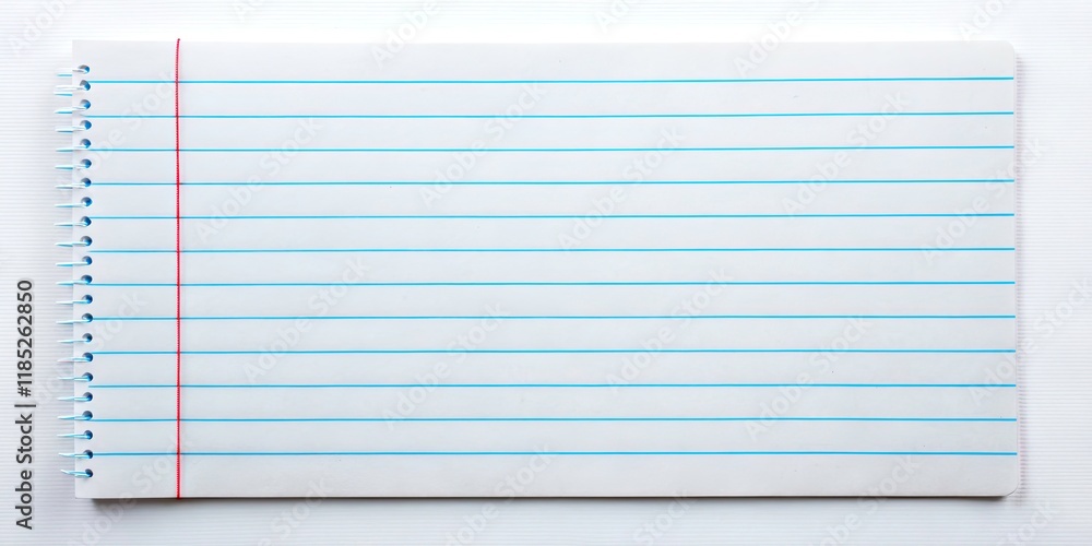 Poster aerial view of lined notebook paper sheet with left margin for creative projects, education, note-ta