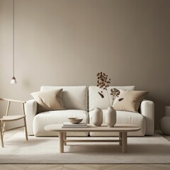 Minimalist living room, beige sofa, neutral tones, wooden coffee table, ceramic vases, dried florals, textured wall, cozy interior, Scandinavian design, soft lighting, muted colors, clean lines, natur