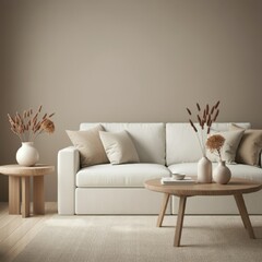 Minimalist living room, beige sofa, neutral tones, wooden coffee table, ceramic vases, dried florals, textured wall, cozy interior, Scandinavian design, soft lighting, muted colors, clean lines, natur