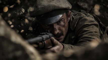 Fototapeta premium Soldier aiming weapon in a dramatic combat setting