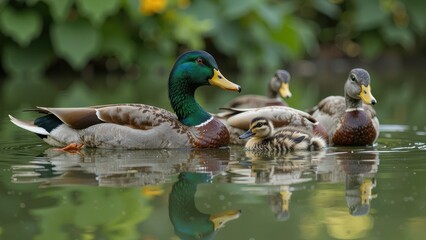 Fototapeta premium Vibrant mallards swim in harmony, their emerald feathers glistening as they glide through calm waters