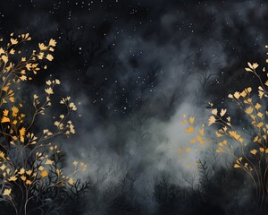 Fototapeta premium Stylized Night Forest with Golden Flora