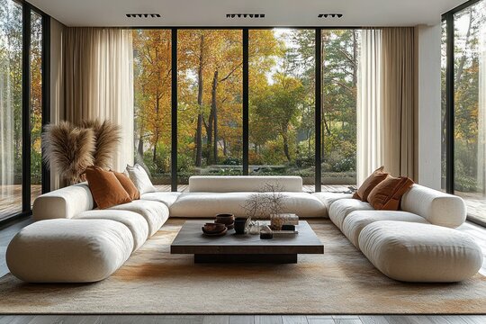 Minimalist living room design with large windows, beige sofas, black coffee table and earthy tones decor