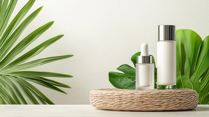 Soft focus mock up of cosmetic bottles surrounded by green leaves