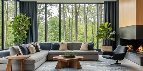 modern minimalist living room, large windows, forest view, grey modular sofa, wooden coffee tables, natural light, indoor plants, zen atmosphere, organic textures, contemporary design, floor-to-ceilin